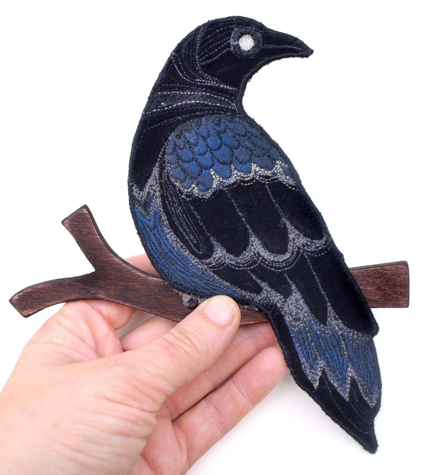 Crow - Embroidered velvet and felt wall hanging
