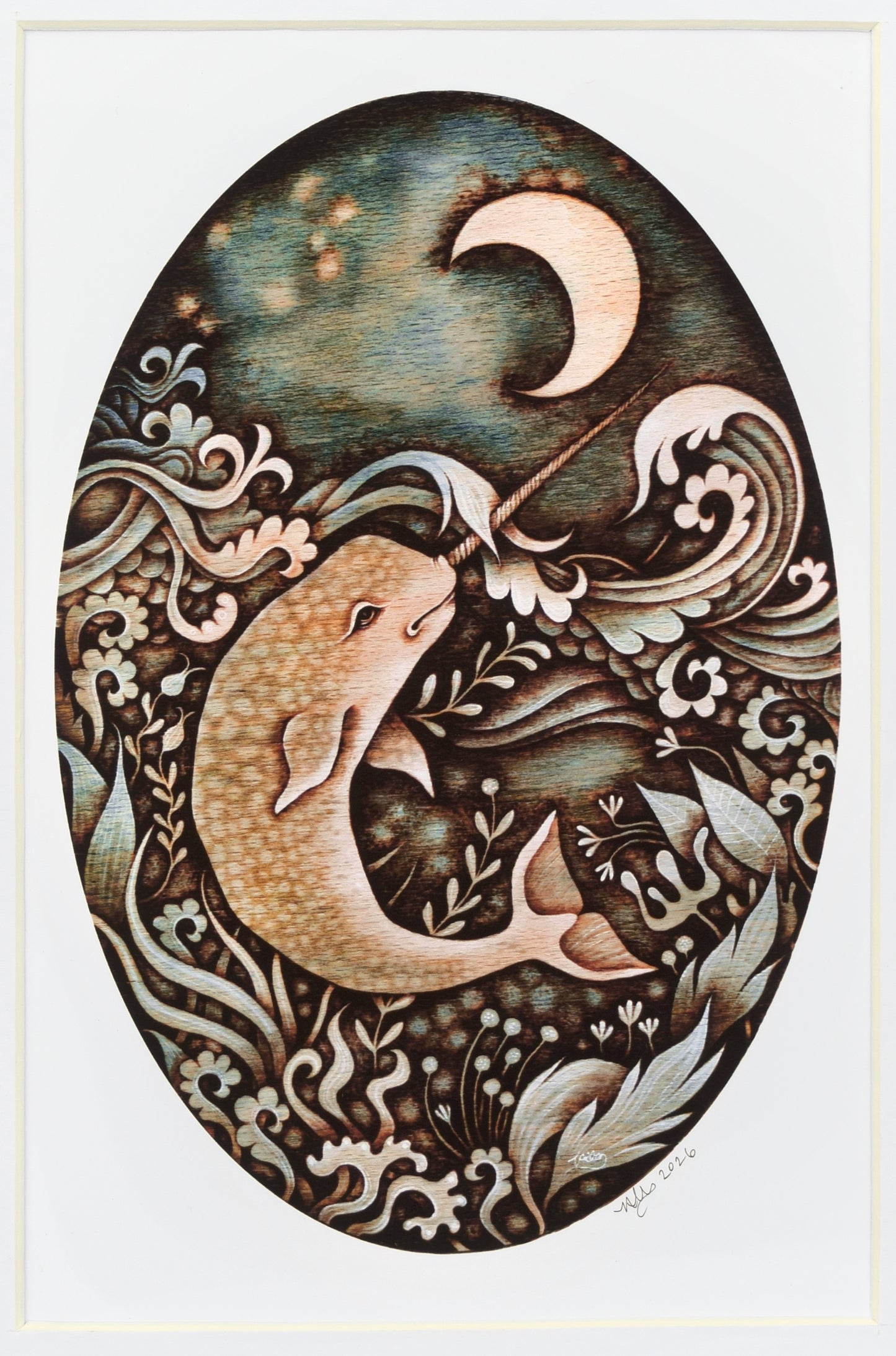 Narwhal in pyrography and watercolour - Giclee Print, mounted (unframed)