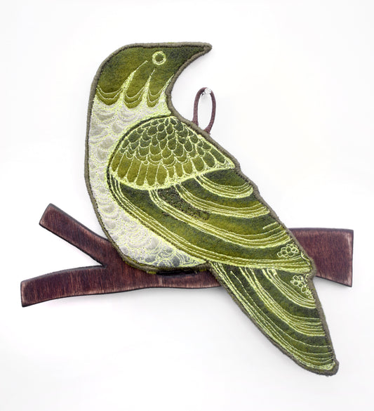 Strange Green Bird - Embroidered felt wall hanging