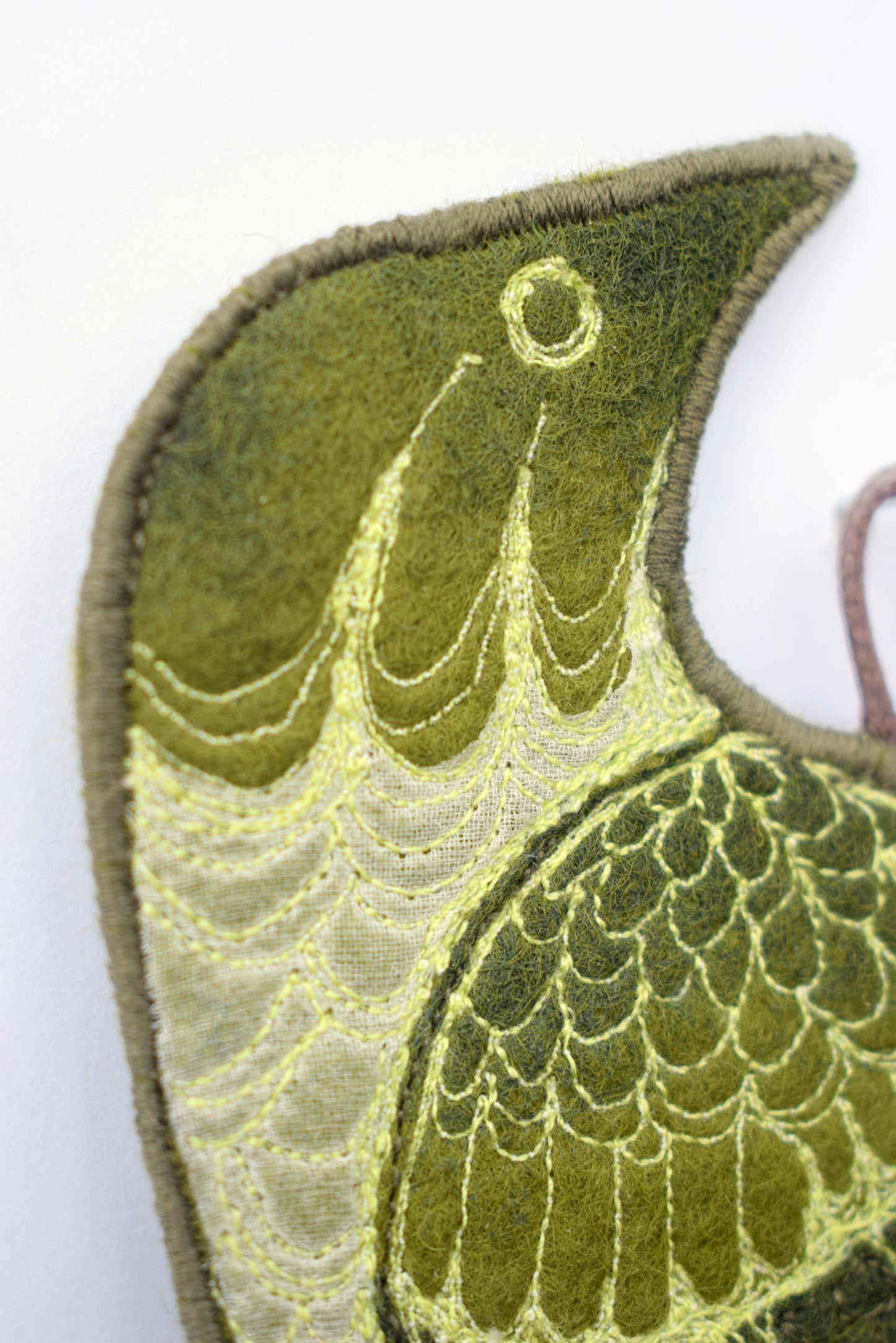 Strange Green Bird - Embroidered felt wall hanging