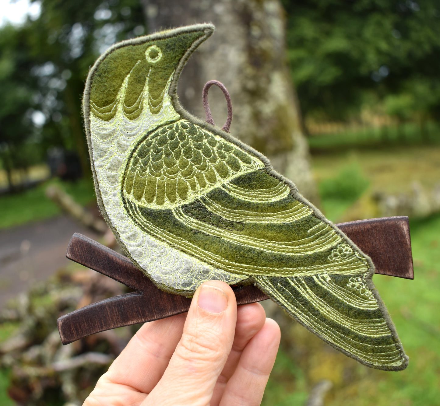 Strange Green Bird - Embroidered felt wall hanging