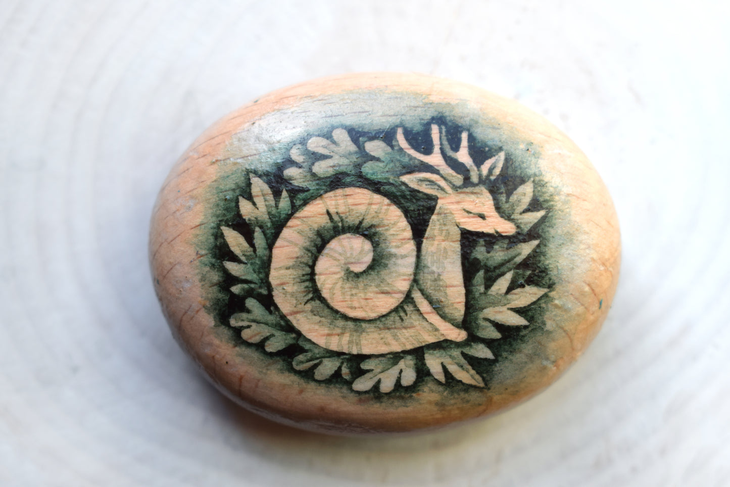 MINI Pebble - Deer Snail. Watercolour painting on Beech wood