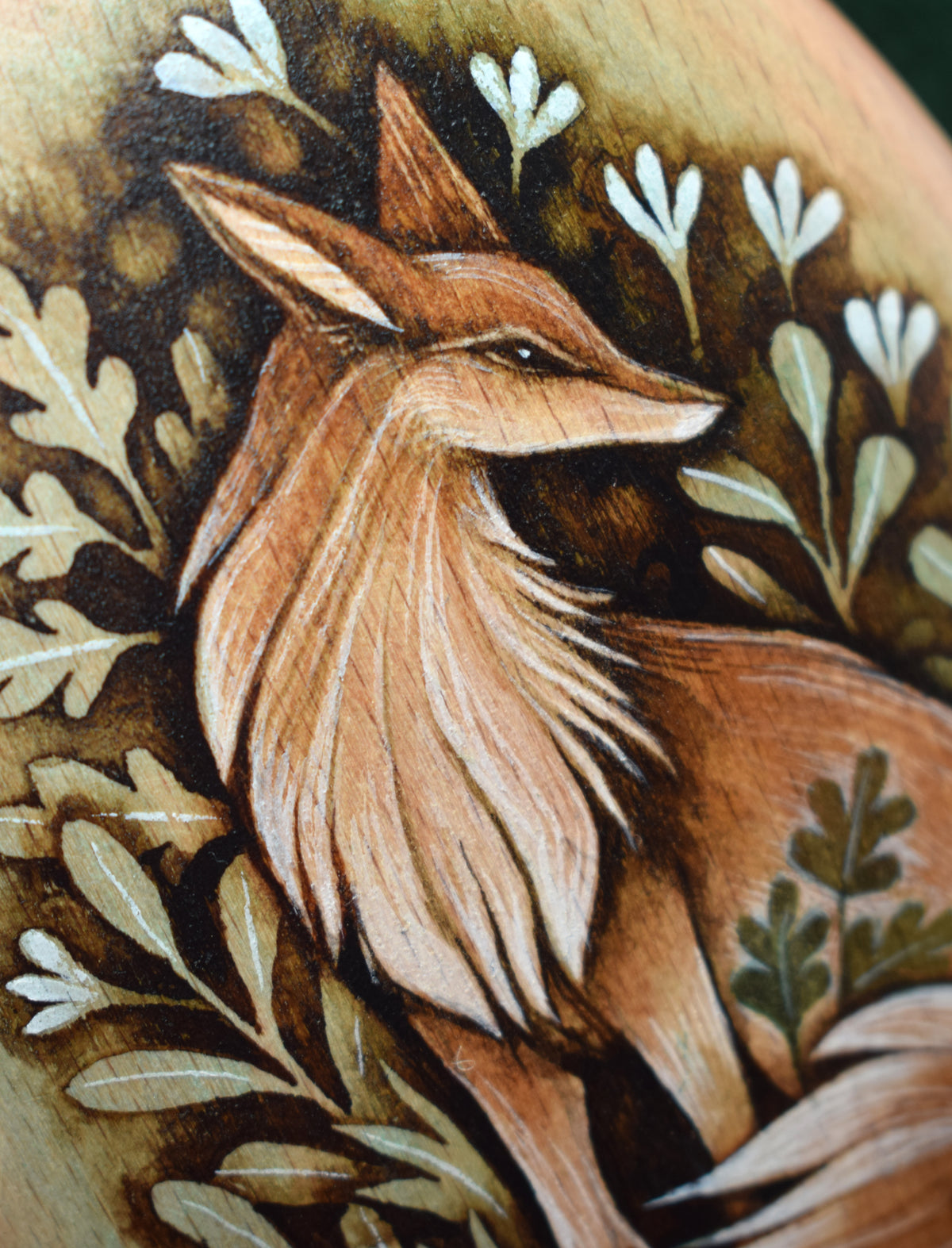 Painting on Large Wood Pebble - Watercolour Fox on Velvet Display Cushion