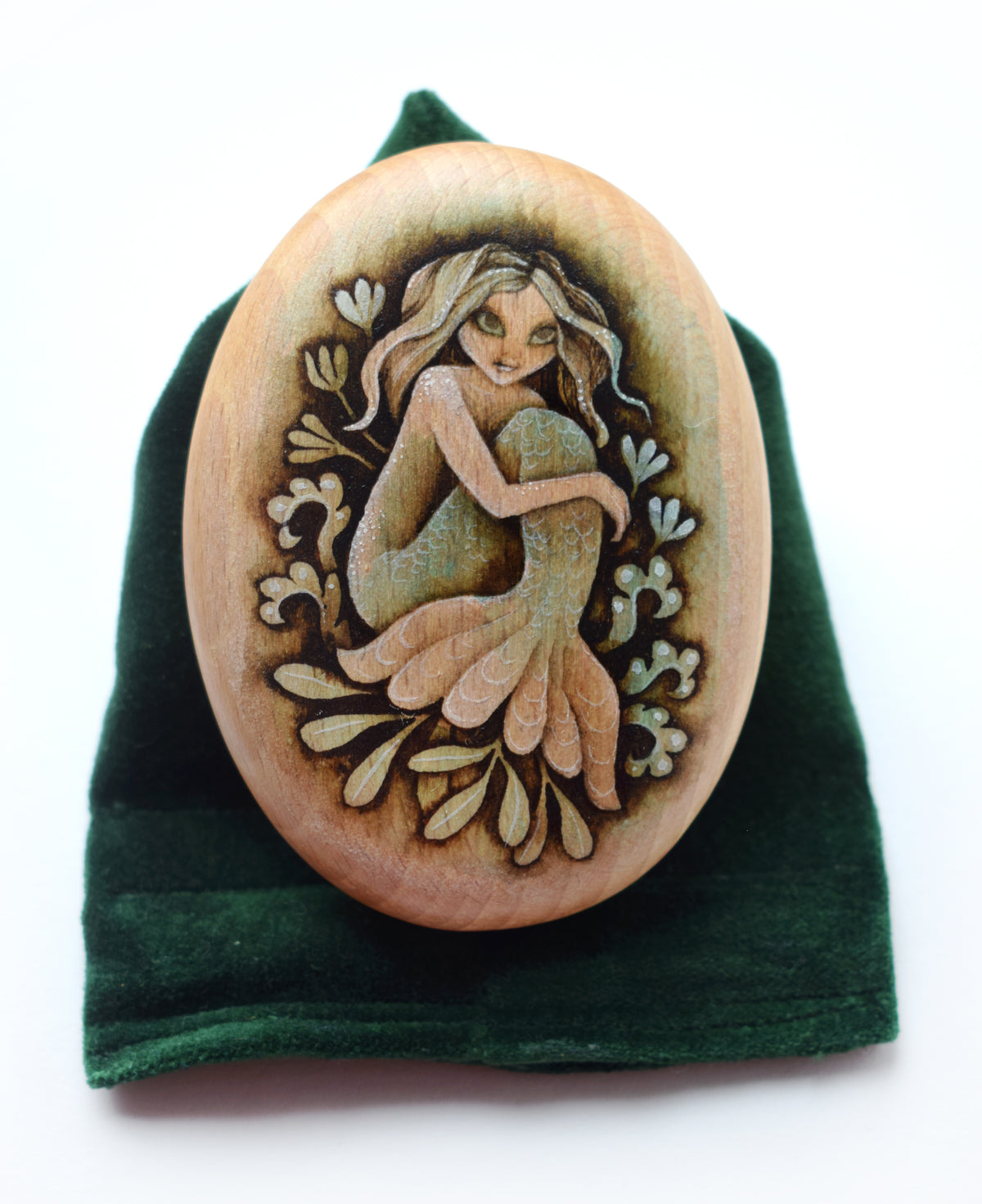 Painting on medium Wood Pebble - Watercolour Mermaid on Velvet Display Cushion