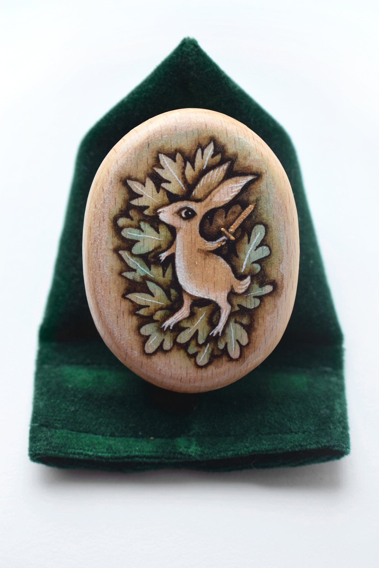 Painting on mini Wood Pebble - Watercolour Battle Rabbit on Velvet Display Cushion