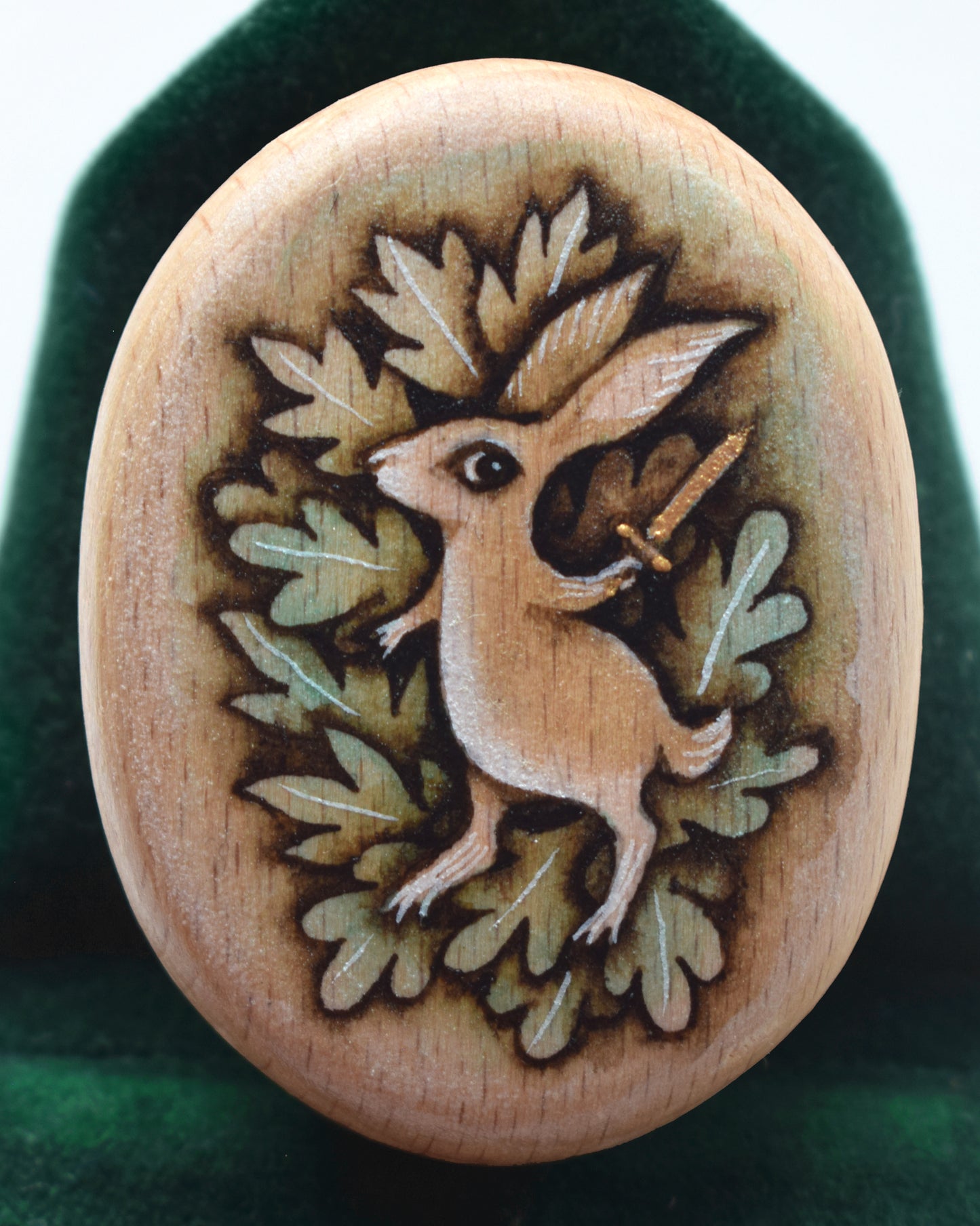 Painting on mini Wood Pebble - Watercolour Battle Rabbit on Velvet Display Cushion