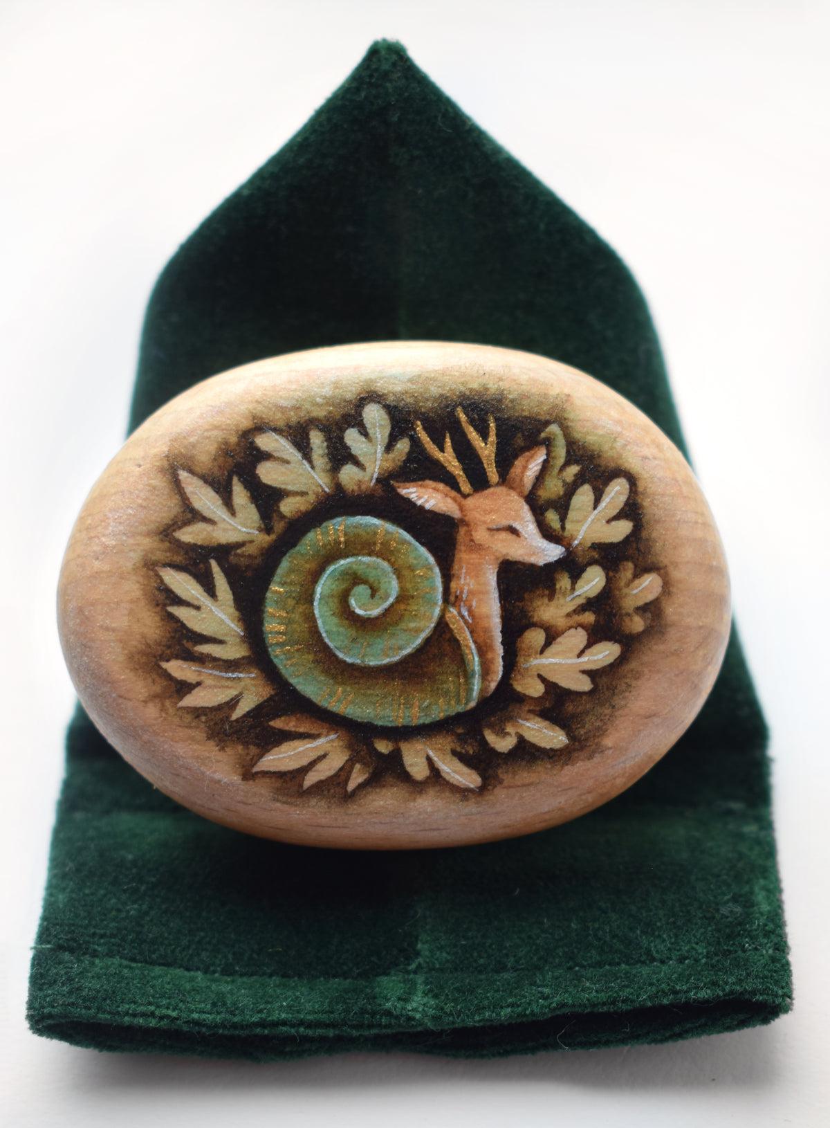 Painting on mini Wood Pebble - Watercolour Deer Snail on Velvet Display Cushion