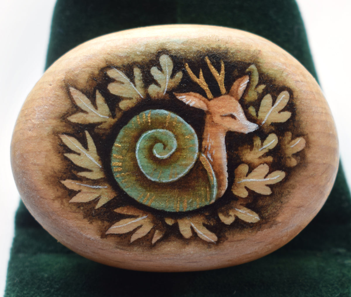 Painting on mini Wood Pebble - Watercolour Deer Snail on Velvet Display Cushion