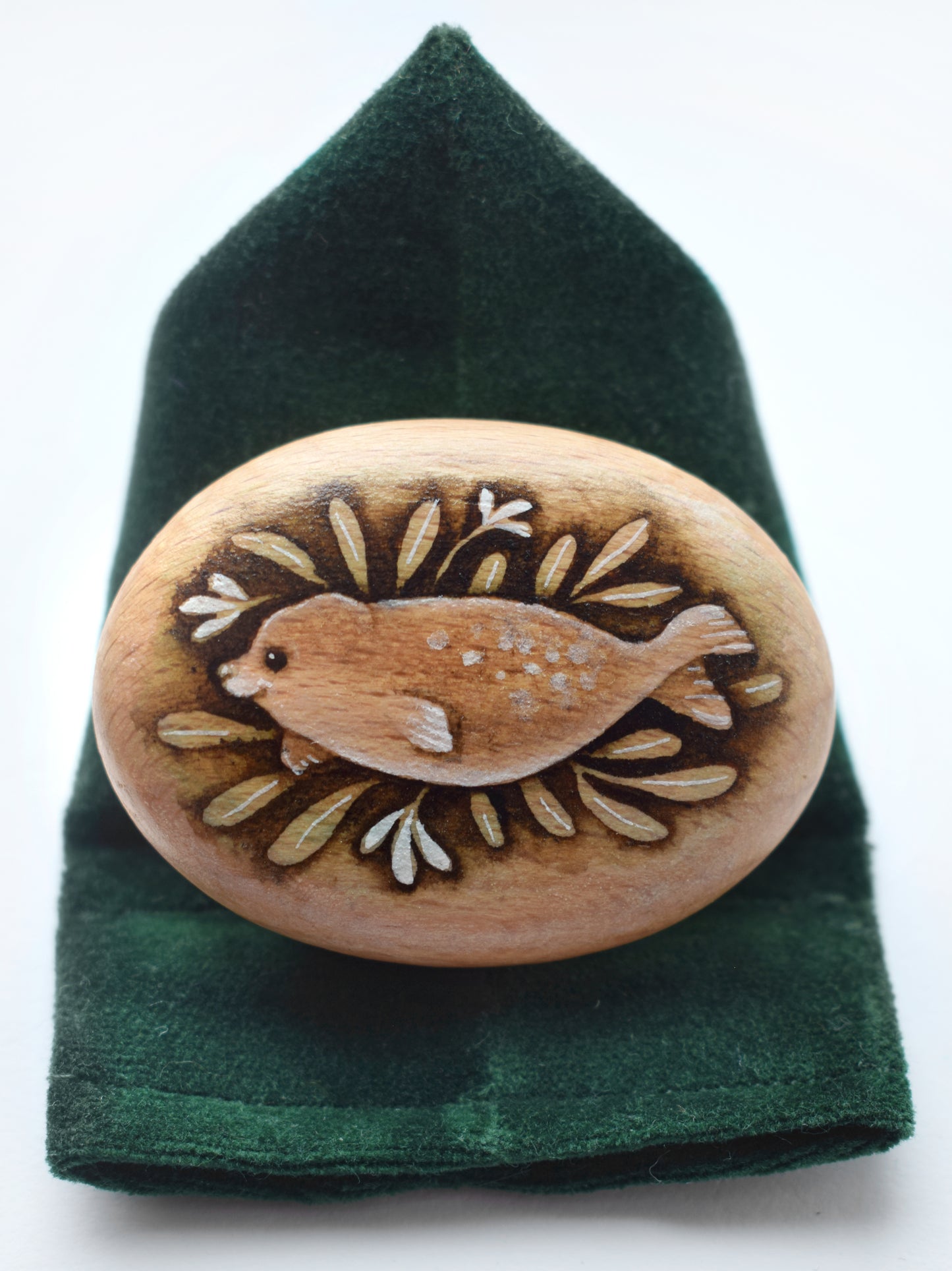Painting on mini Wood Pebble - Watercolour Seal on Velvet Display Cushion