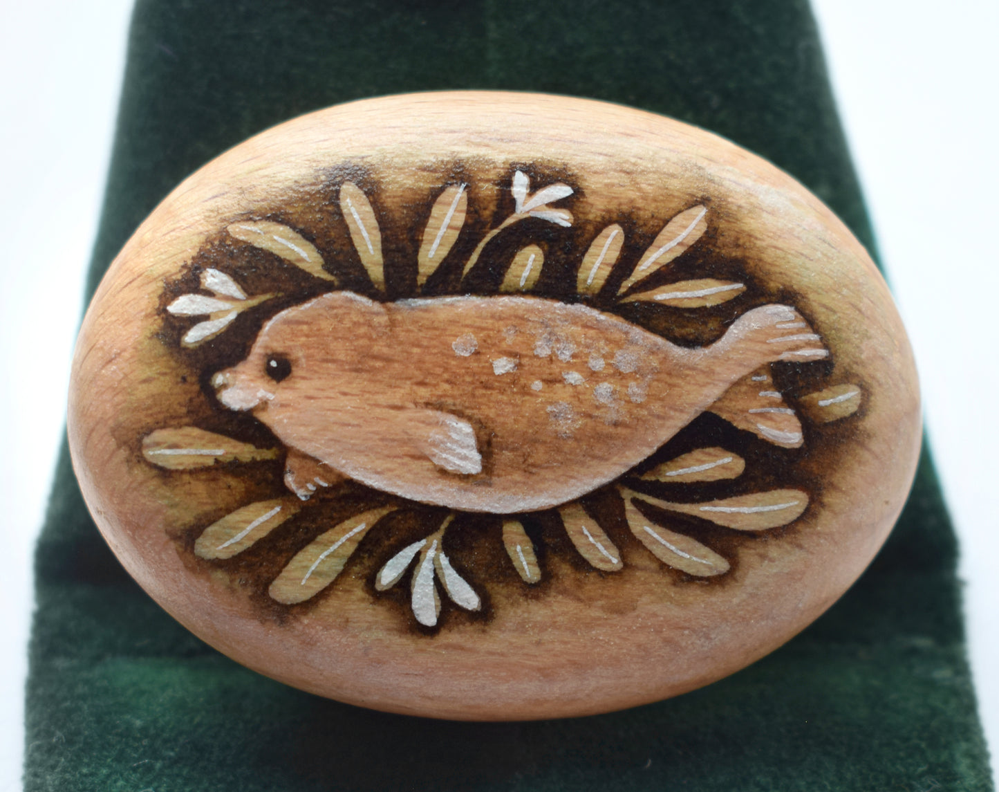 Painting on mini Wood Pebble - Watercolour Seal on Velvet Display Cushion