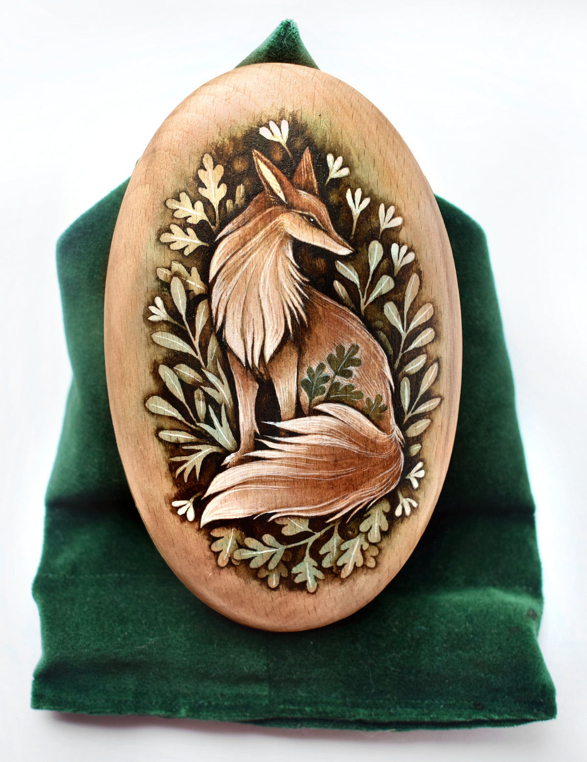 Painting on Large Wood Pebble - Watercolour Fox on Velvet Display Cushion