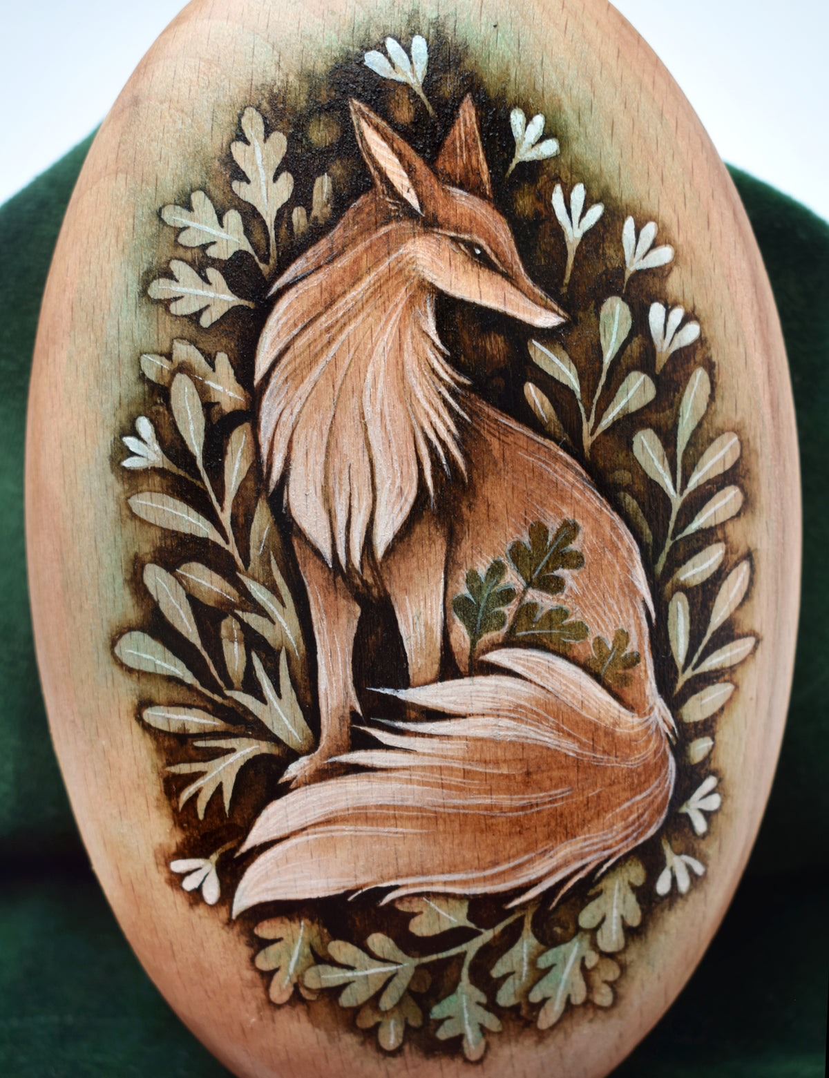Painting on Large Wood Pebble - Watercolour Fox on Velvet Display Cushion