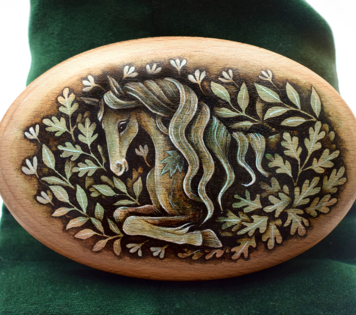 Painting on Large Wood Pebble - Watercolour Water Horse on Velvet Display Cushion