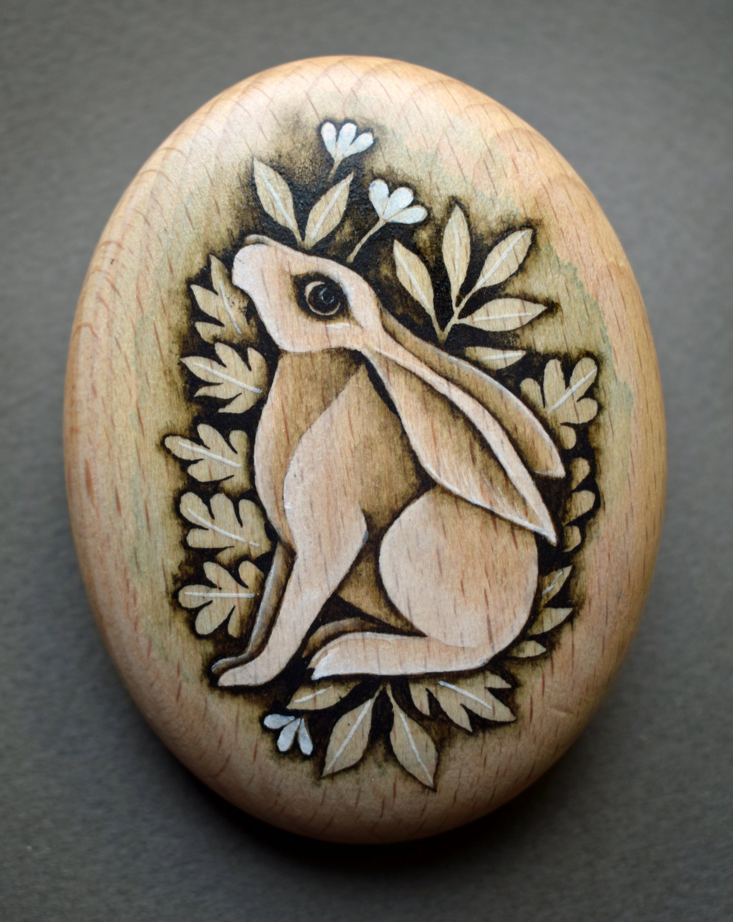 Moon Gazing Hare Wood Pebble (large)