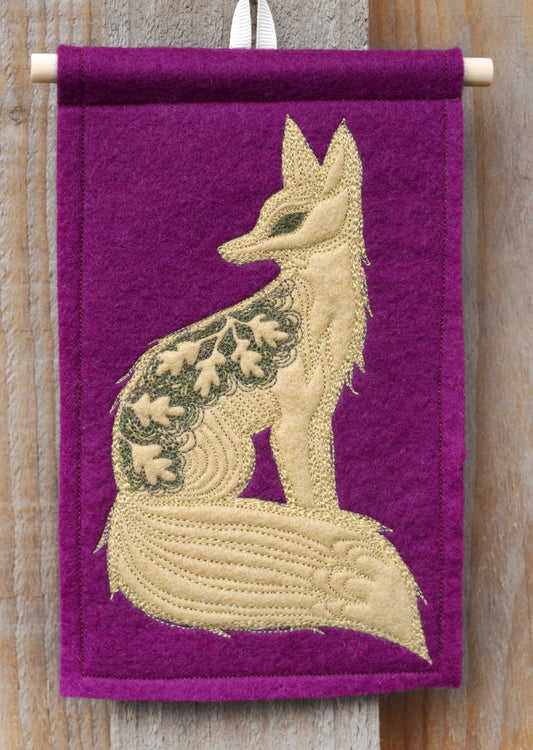 Fox on Magenta, felt wall hanging with embroidery