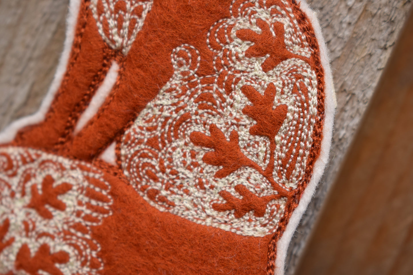 Embroidered leafy fox wall hanging