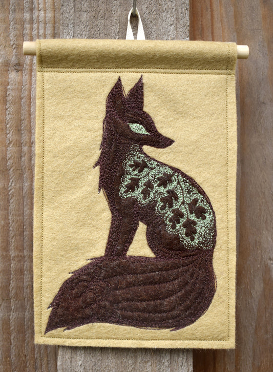 Brown Fox, felt wall hanging with embroidery