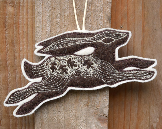 Dark Brown Hare, felt wall hanging with embroidery