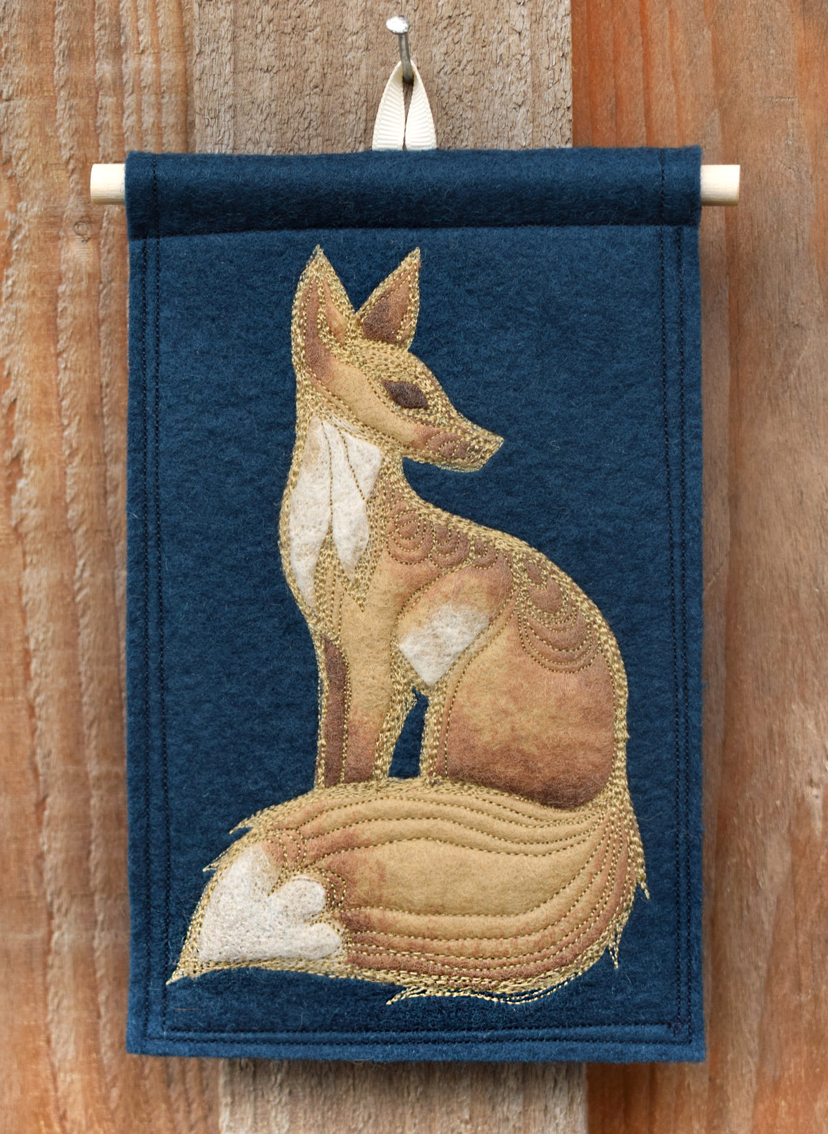 Fox on Dark Blue, felt wall hanging with embroidery
