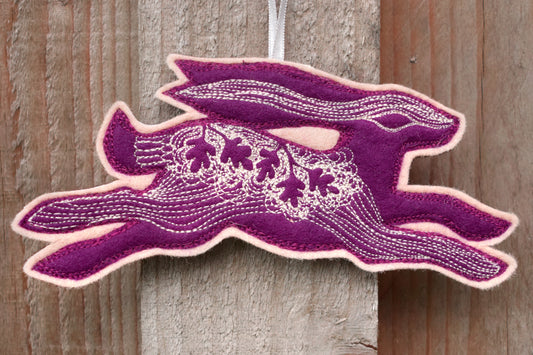 Mulberry Purple Hare, felt wall hanging with embroidery