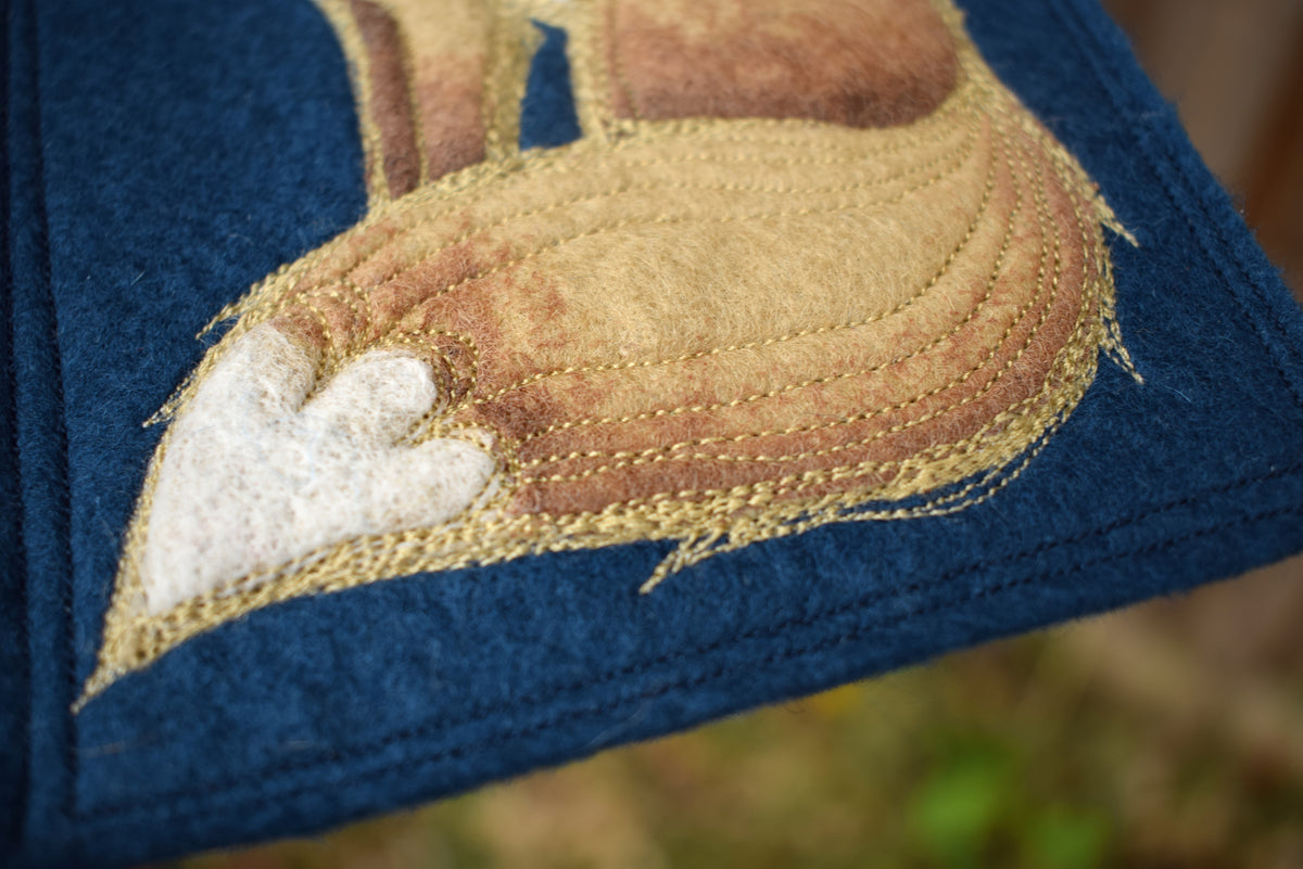 Fox on Dark Blue, felt wall hanging with embroidery