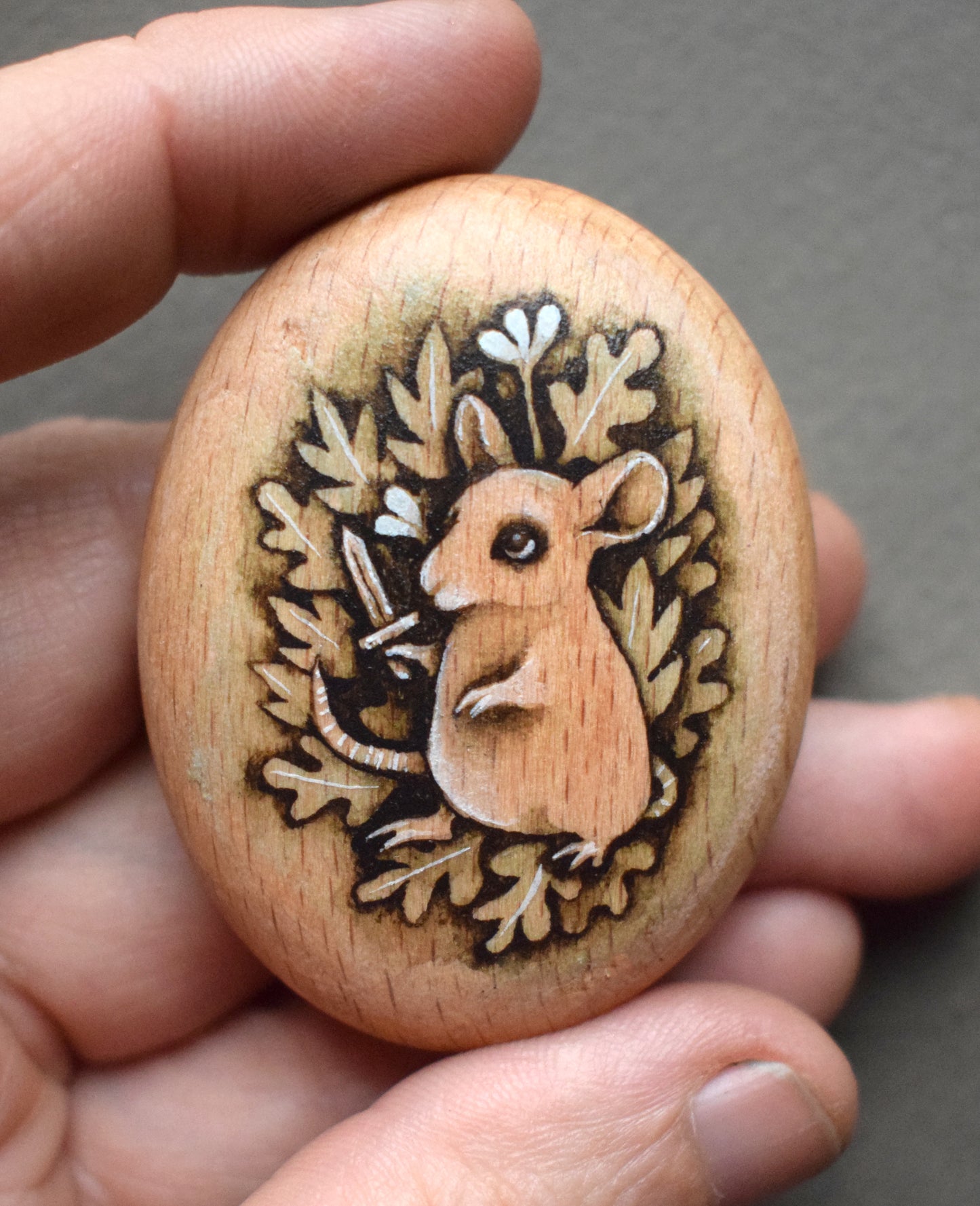 MINI Pebble - Mouse with Dagger. Watercolour painting on Beech wood