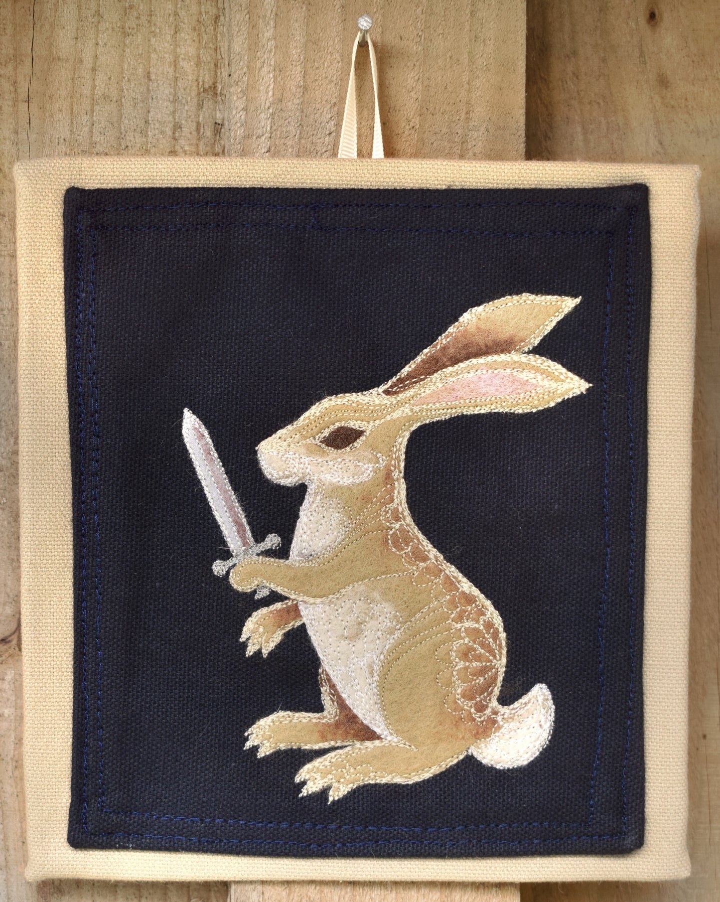 Battle Rabbit Embroidered applique wall hanging