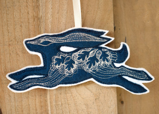 Inky Blue Hare, felt wall hanging with embroidery MADE TO ORDER