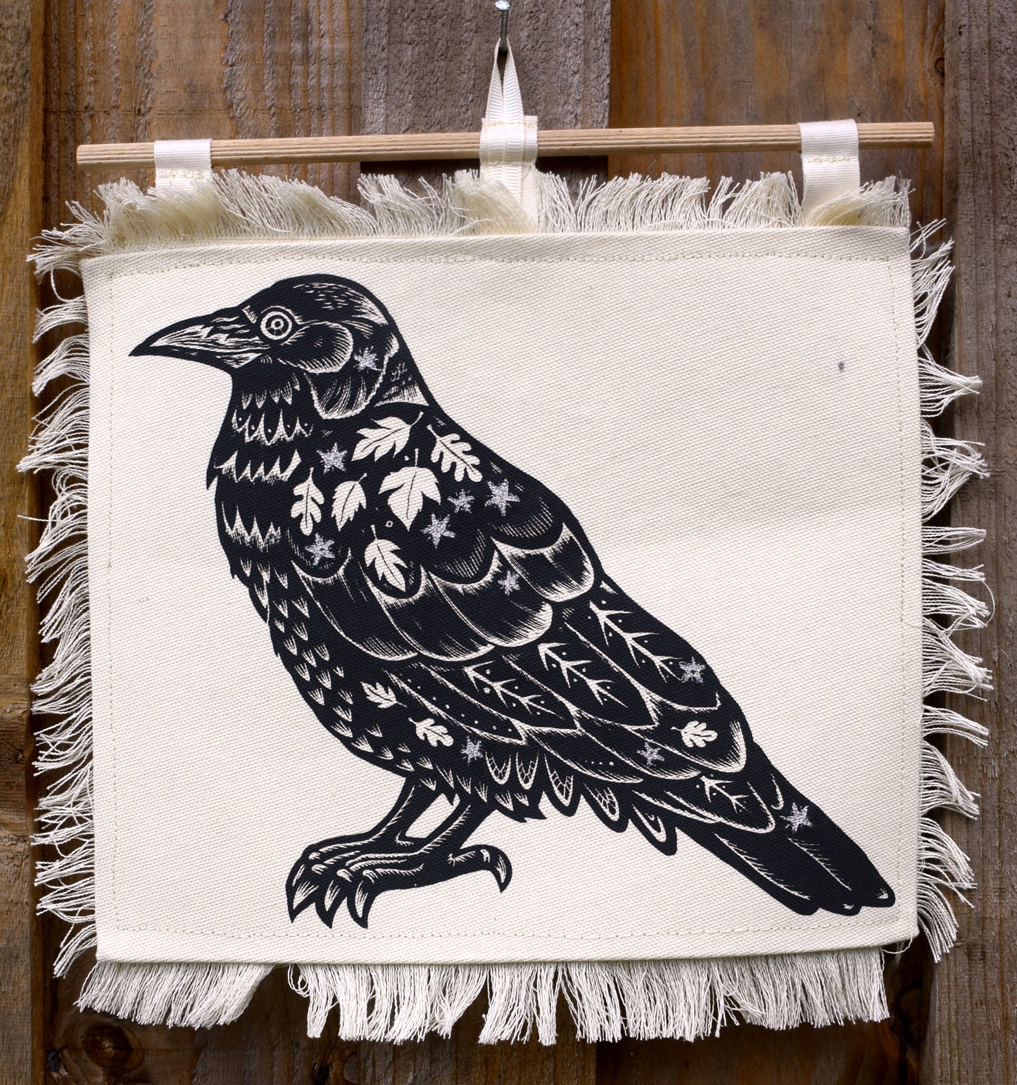 Crow with silvery stars: Screen Printed wall hanging (made to order)