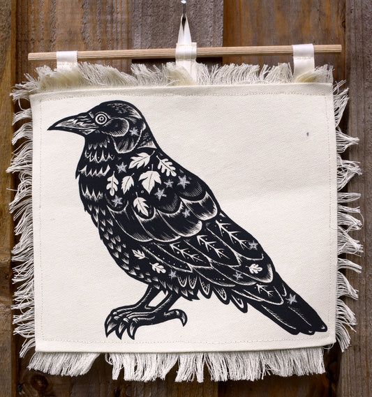 Crow with silvery stars: Screen Printed wall hanging (made to order)