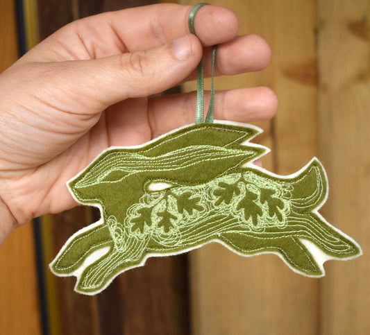 Embroidered felt hare wall hanging