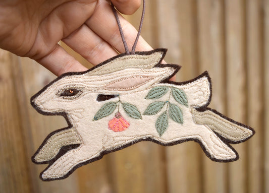 Embroidered felt leafy hare wall hanging