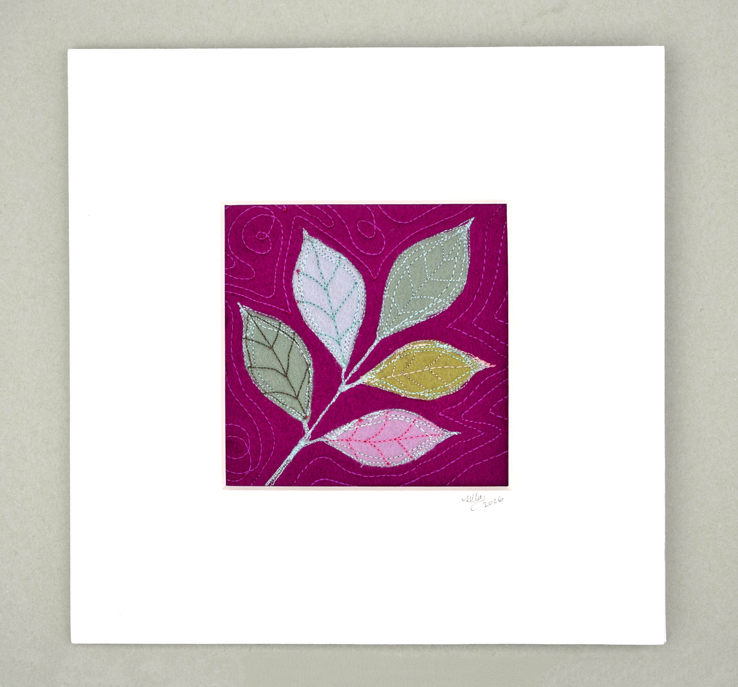Mounted Embroidery - Leaf Sketch, 8x8inch square mount