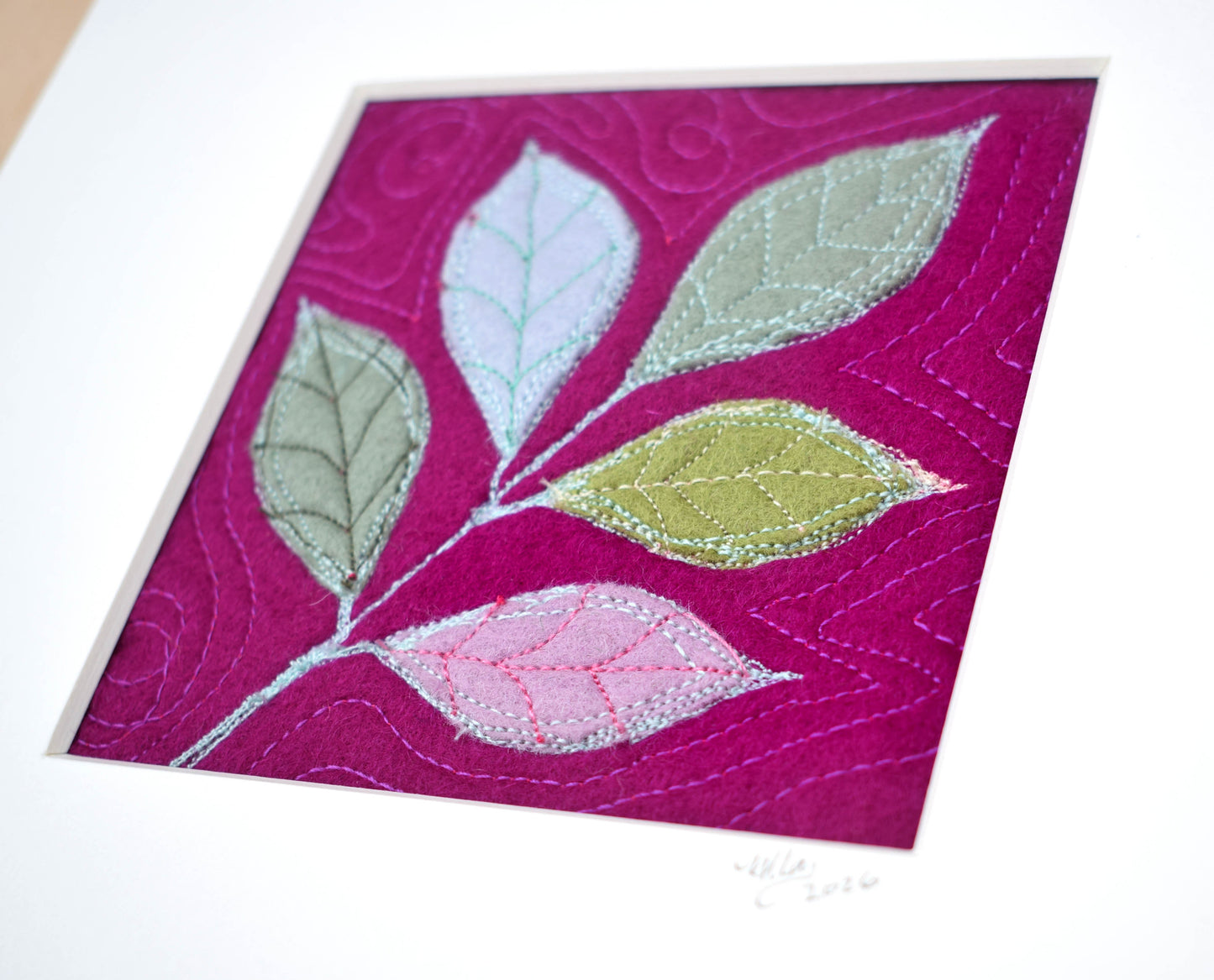 Mounted Embroidery - Leaf Sketch, 8x8inch square mount