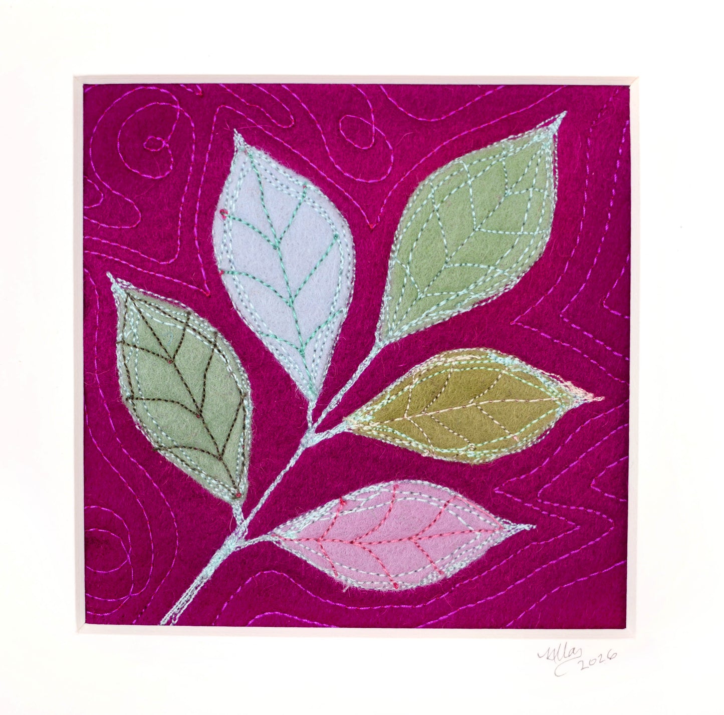 Mounted Embroidery - Leaf Sketch, 8x8inch square mount