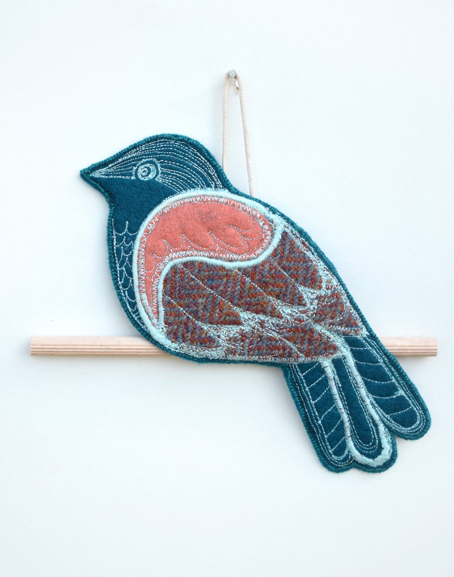 Perching bird - Embroidered felt and tweed wall hanging
