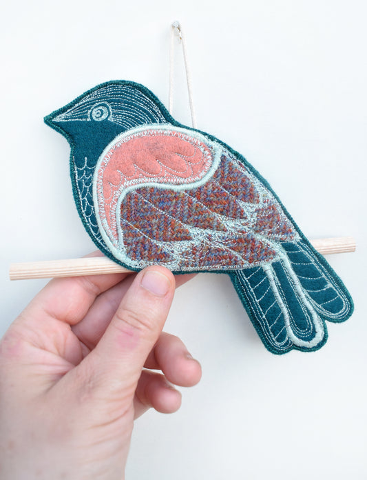 Perching bird - Embroidered felt and tweed wall hanging
