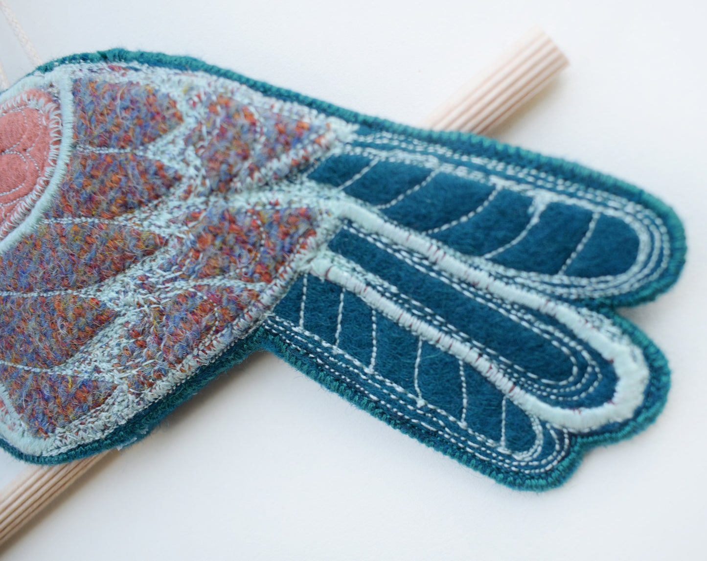 Perching bird - Embroidered felt and tweed wall hanging