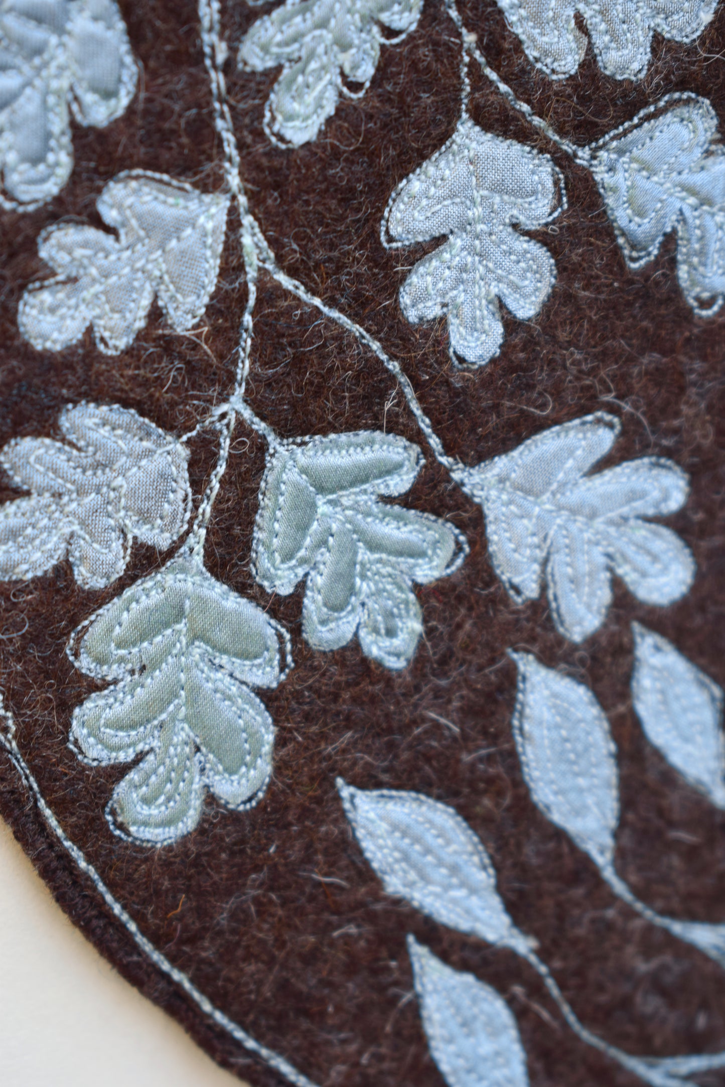 Moon and leaves - Embroidered wool felt and silk wall hanging