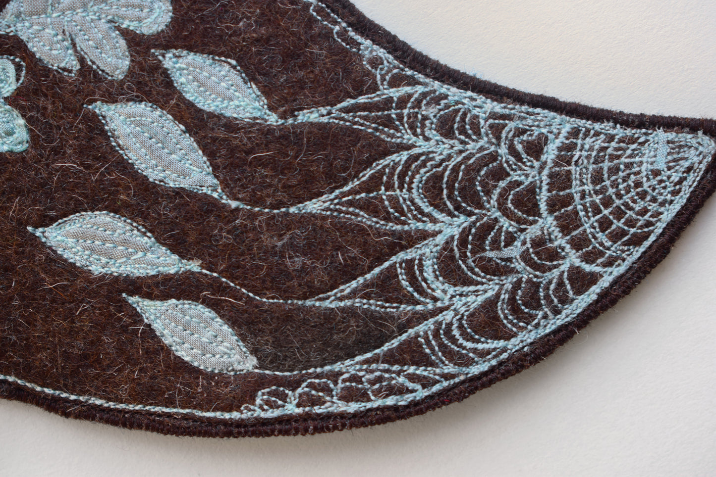 Moon and leaves - Embroidered wool felt and silk wall hanging