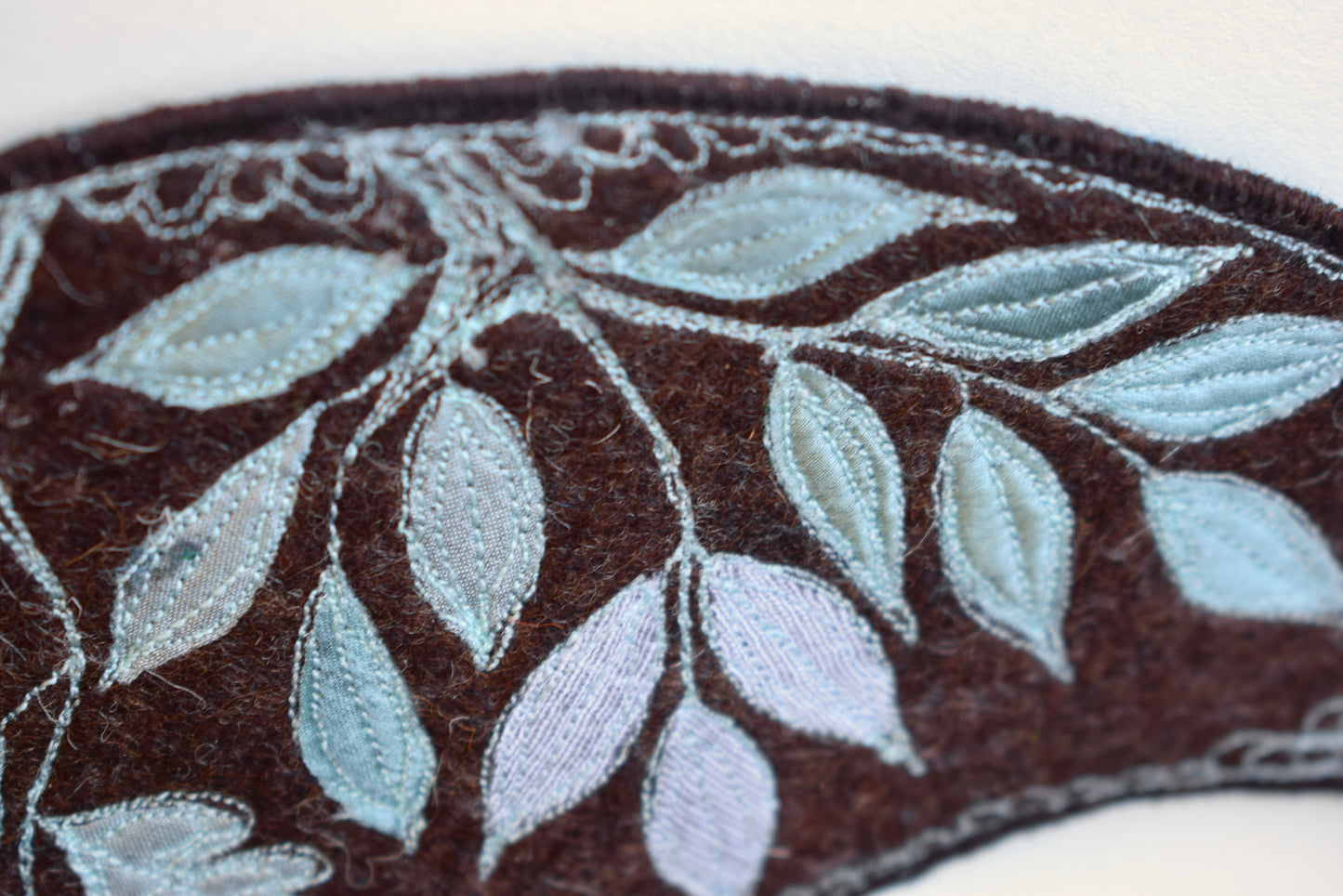 Moon and leaves - Embroidered wool felt and silk wall hanging