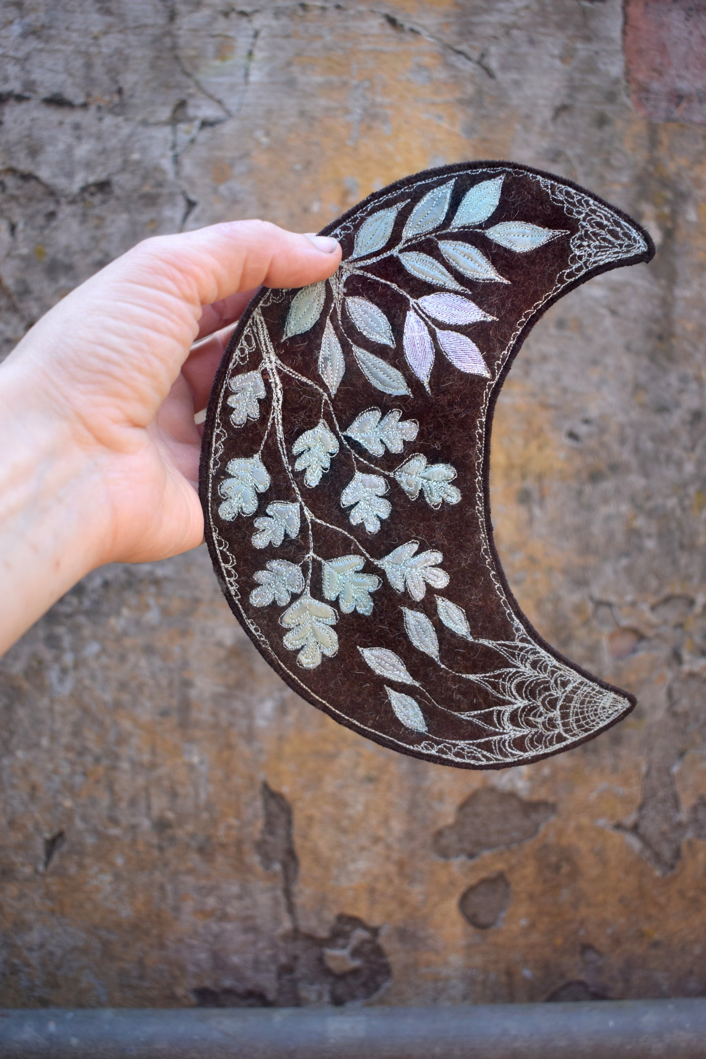 Moon and leaves - Embroidered wool felt and silk wall hanging