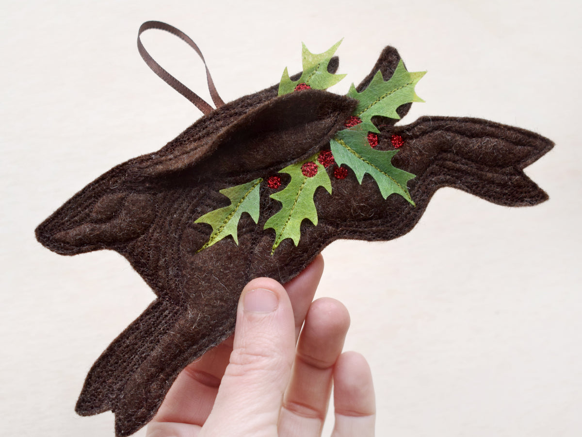 Christmas Holly Hare - felt wall hanging with embroidery and applique MADE TO ORDER