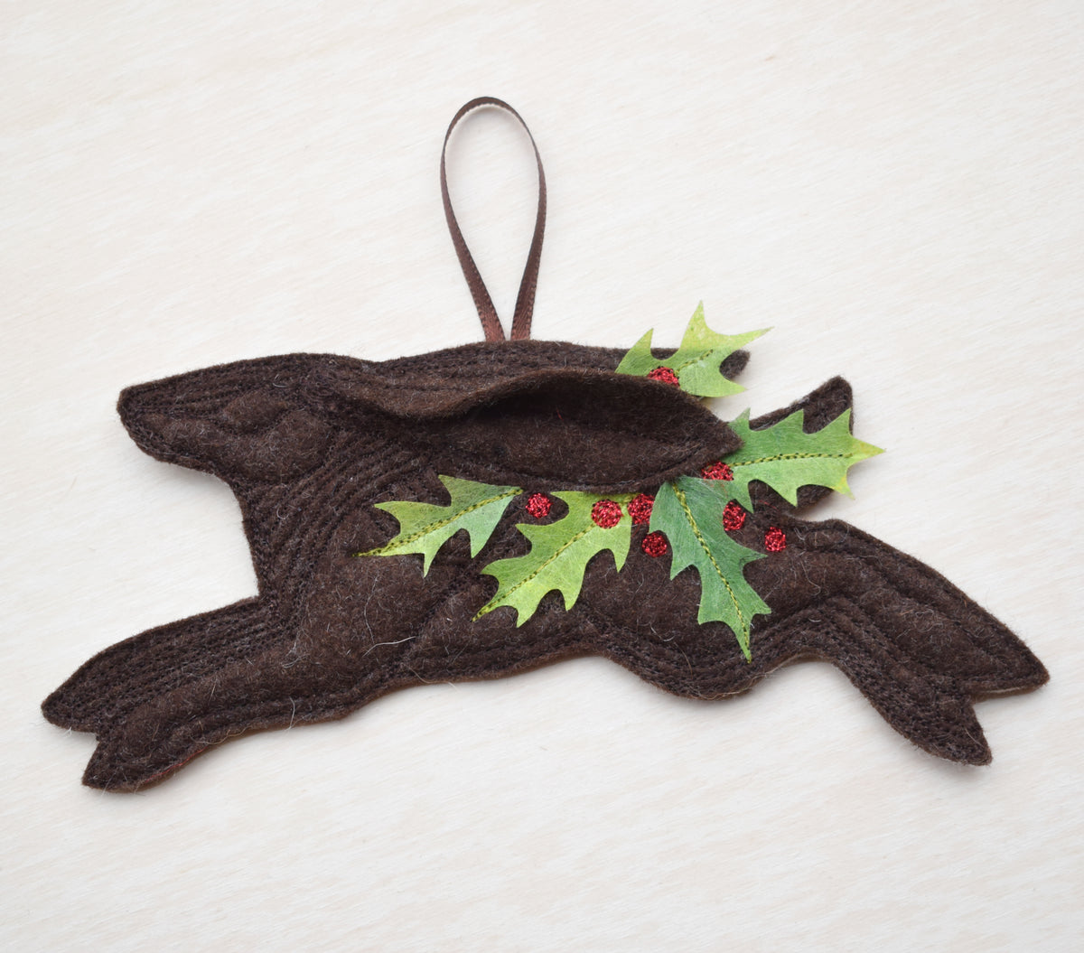 Christmas Holly Hare - felt wall hanging with embroidery and applique MADE TO ORDER
