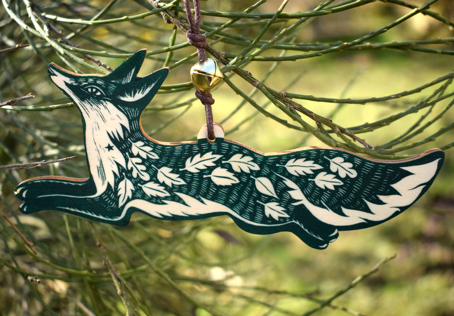 Small Leafy fox - screen print on wood ornament, red green or brown
