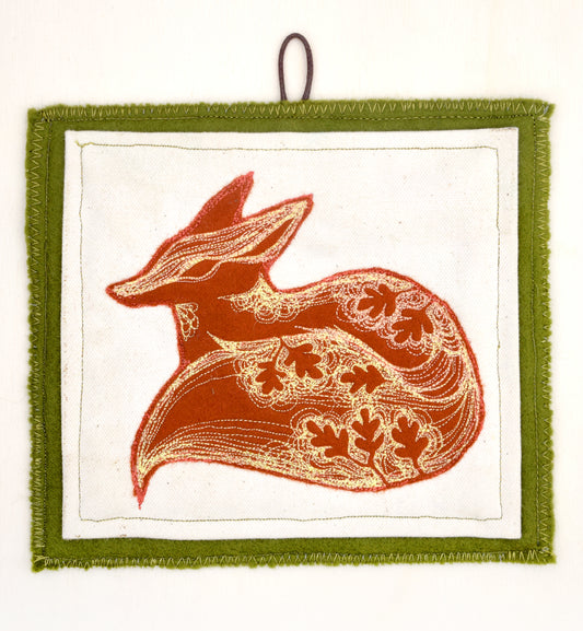 Embroidered leafy fox wall hanging