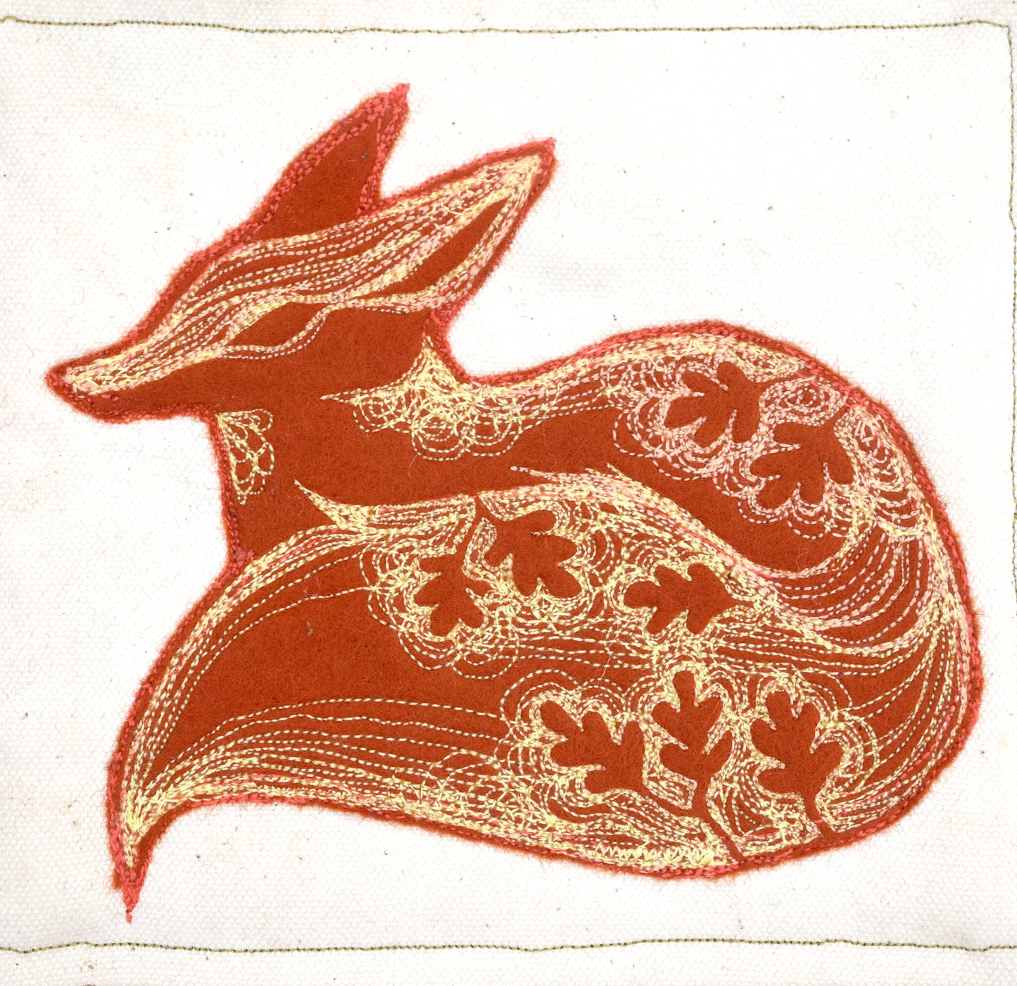 Embroidered leafy fox wall hanging