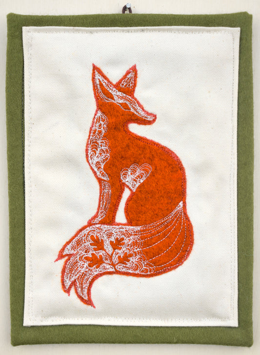 Embroidered leafy fox wall hanging