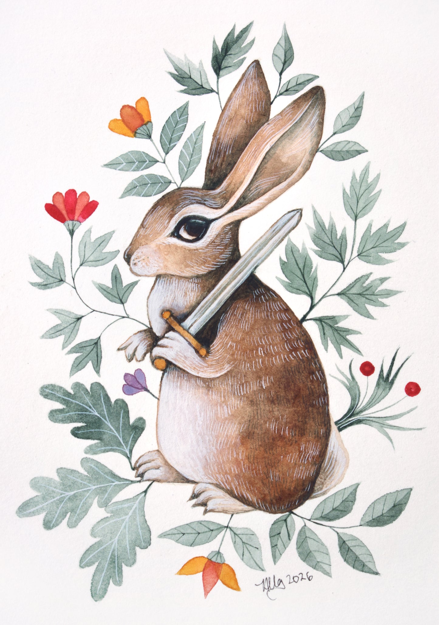 Battle Rabbit - Watercolour in Mount