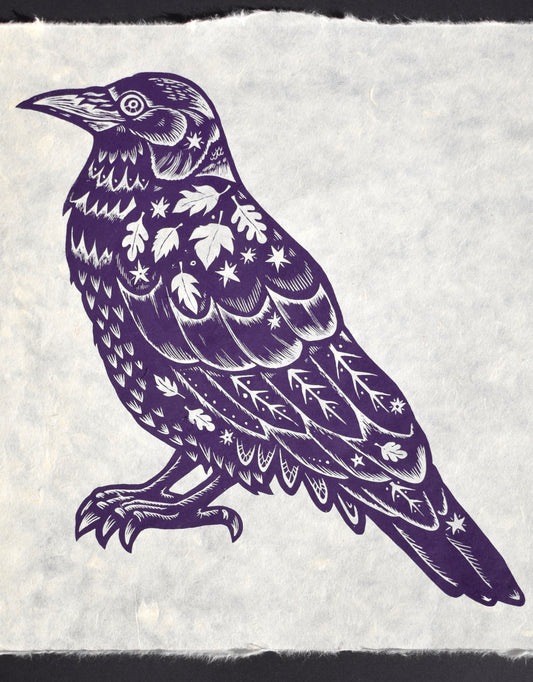 Leafy Starry Crow - Screen print on Mitsumata